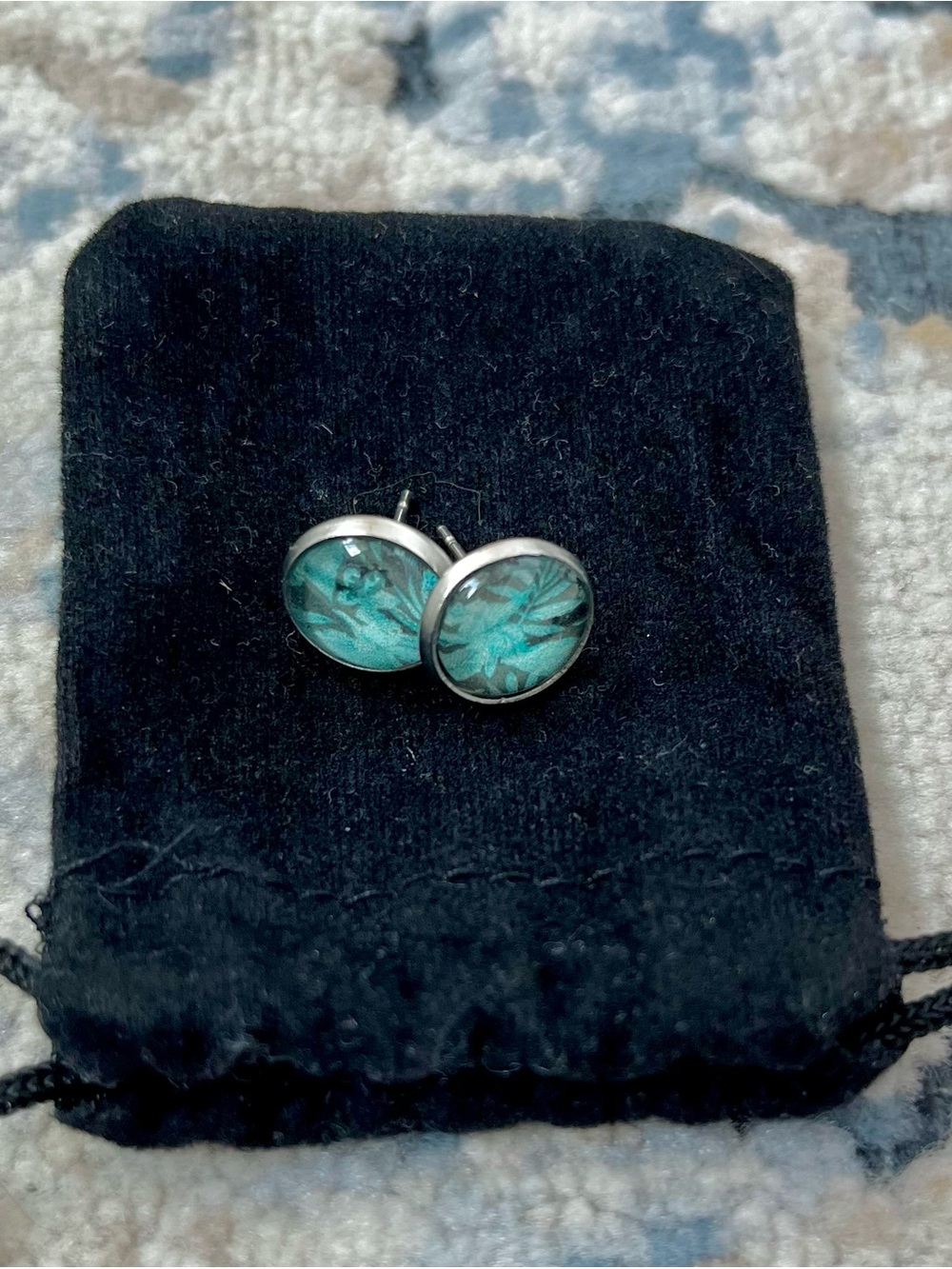 Teal Fabric Swatch Floral Stud Earrings in Sterling-Tone Bezel - Women Jewelry